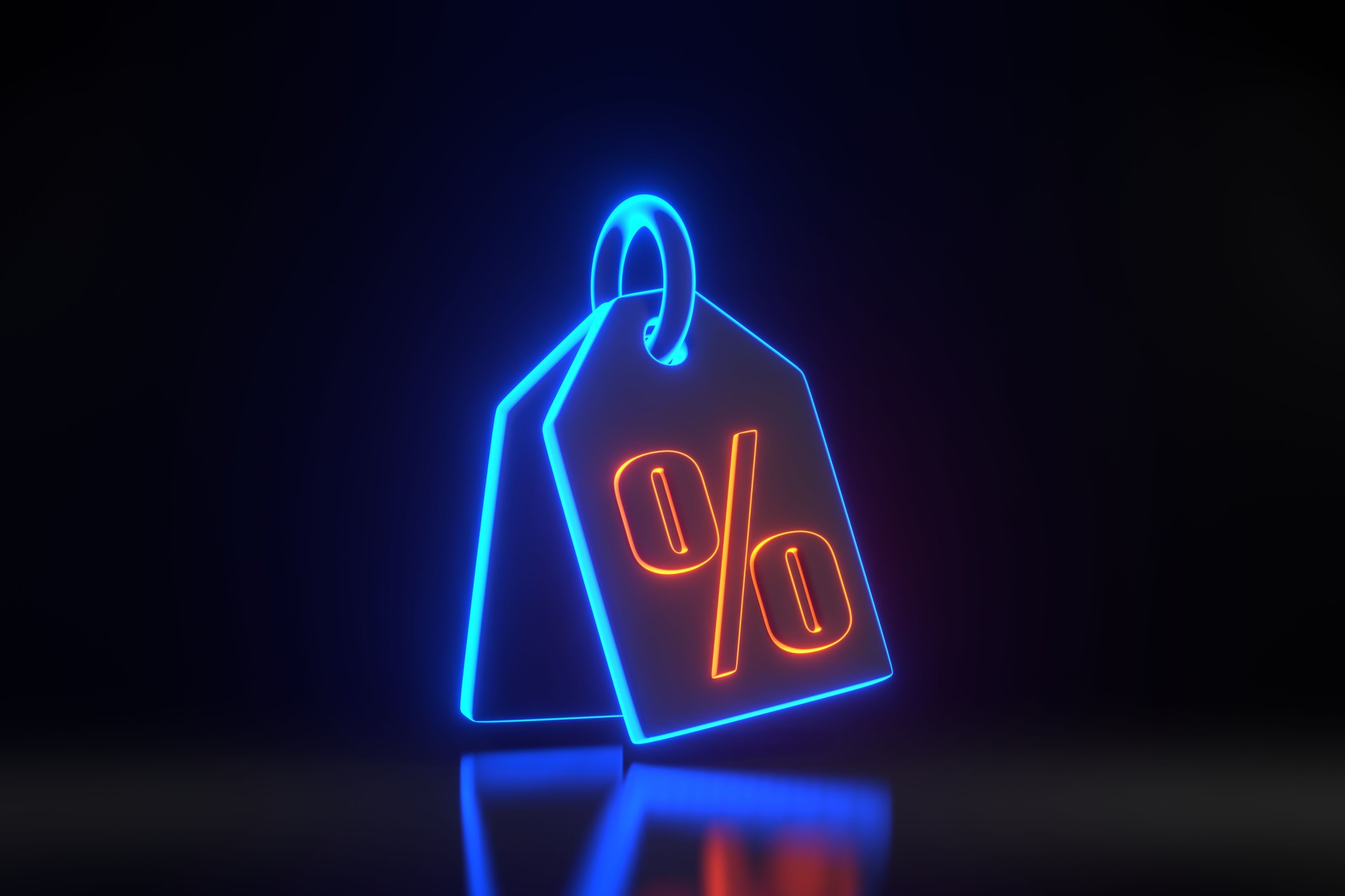 Price tag, label, discount coupon and percent sign with bright glowing futuristic blue and orange neon lights on black background